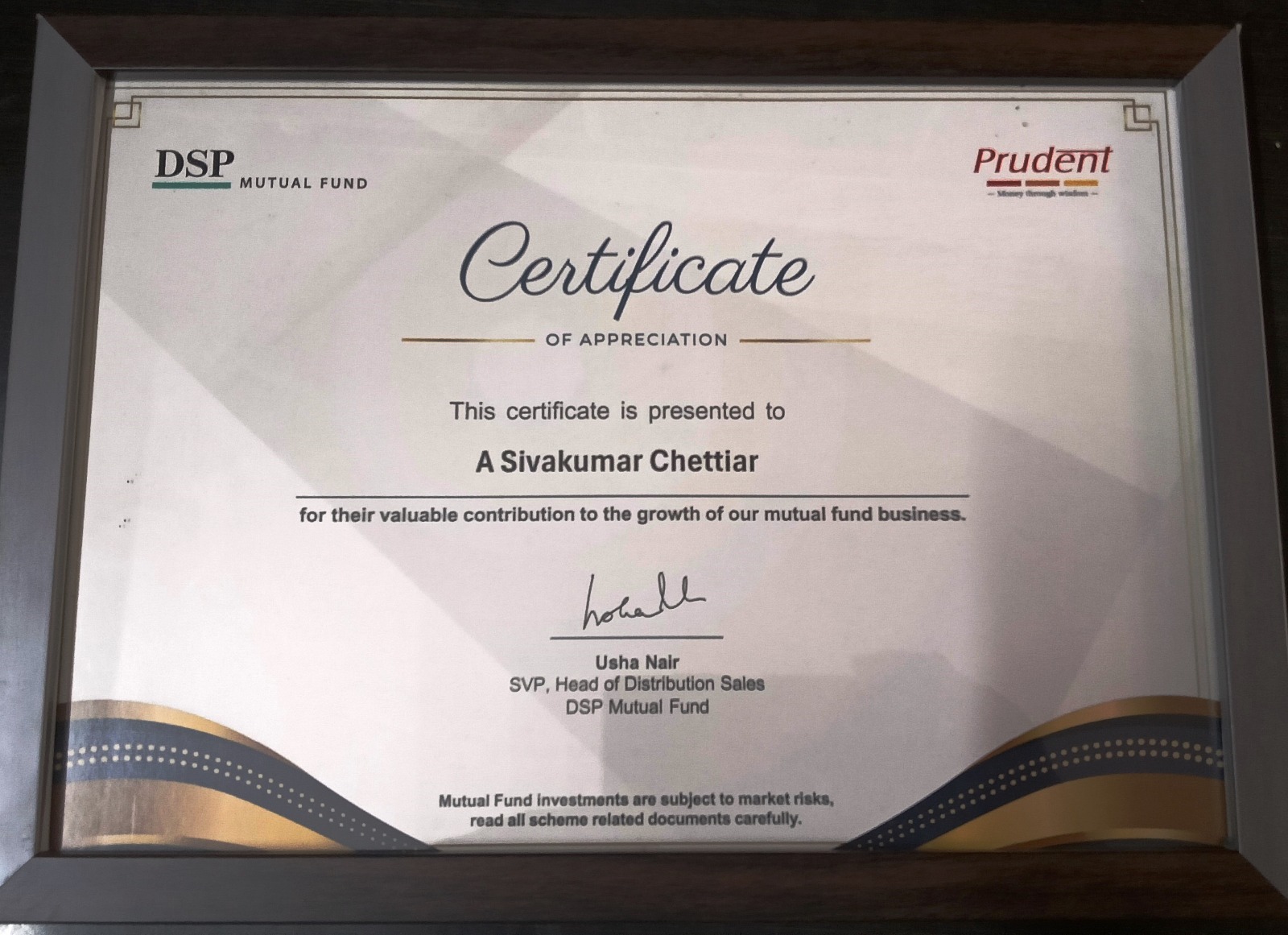 DSP Mutual Fund Certificate of Appreciation