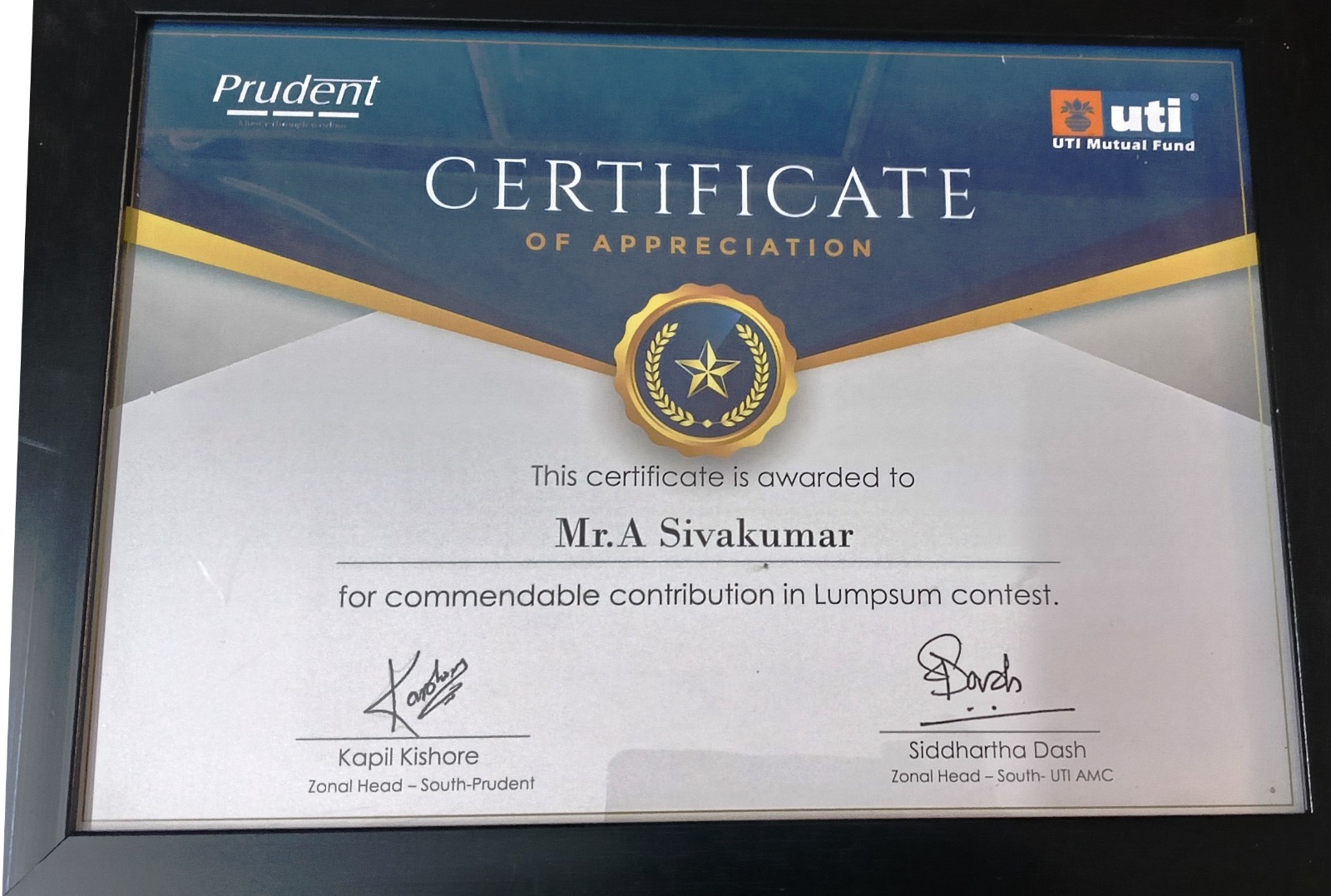 UTI Mutual Fund Certificate of Appreciation