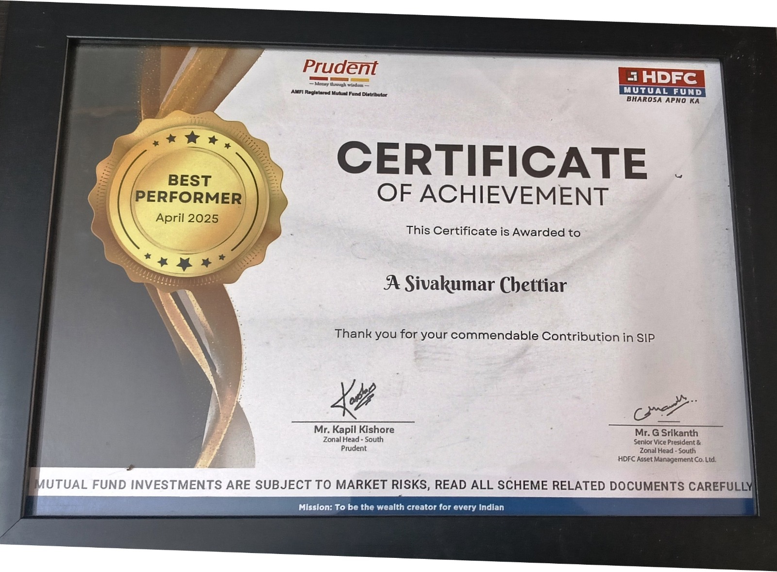 HDFC Mutual Fund Best Performer Certificate